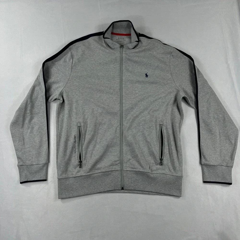 Polo Ralph Lauren Track Jacket Grey‎ Performance Zip Racing Stripe Mens Large